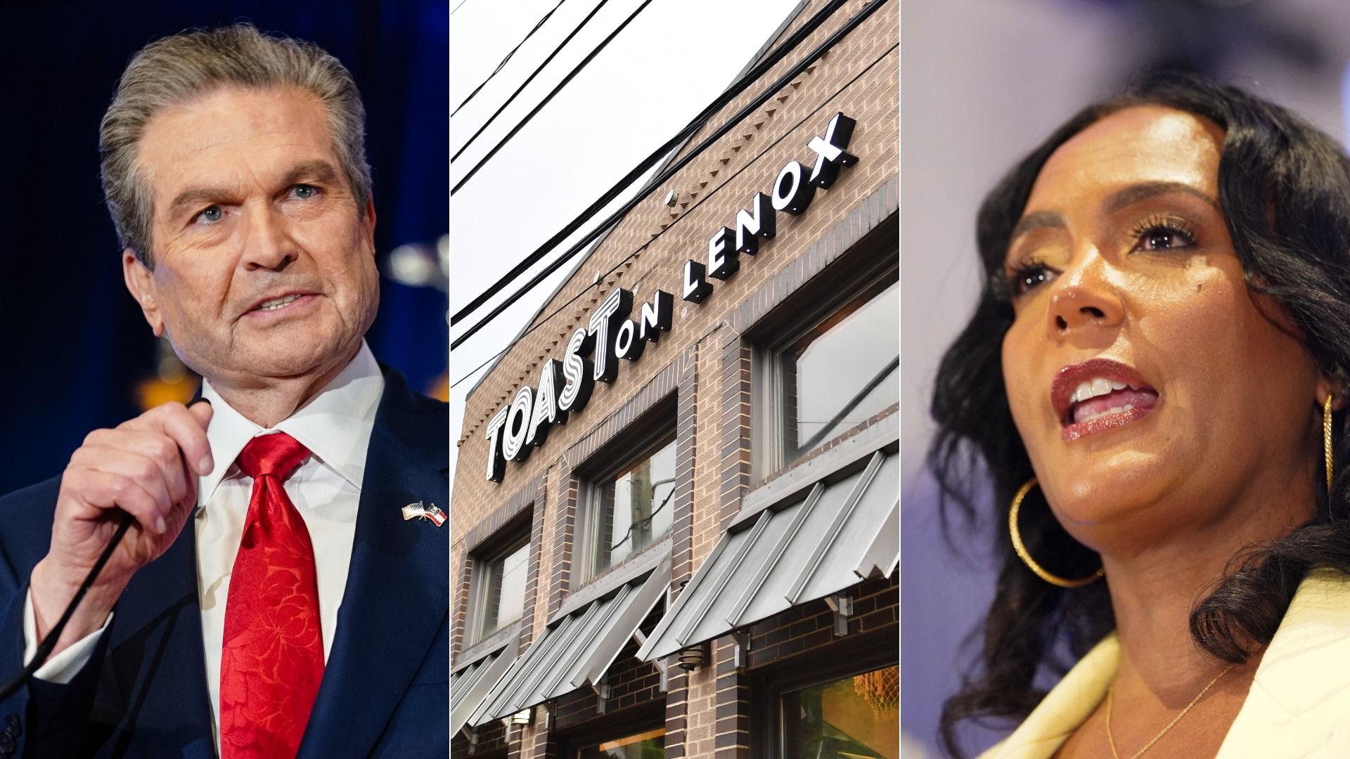 Triptych of photos: Rick Jackson, Republican Georgia gubernatorial nominee; a brick building with the sign "Toast on Lenox;" Keisha Lance Bottoms, the Democratic gubernatorial nominee.