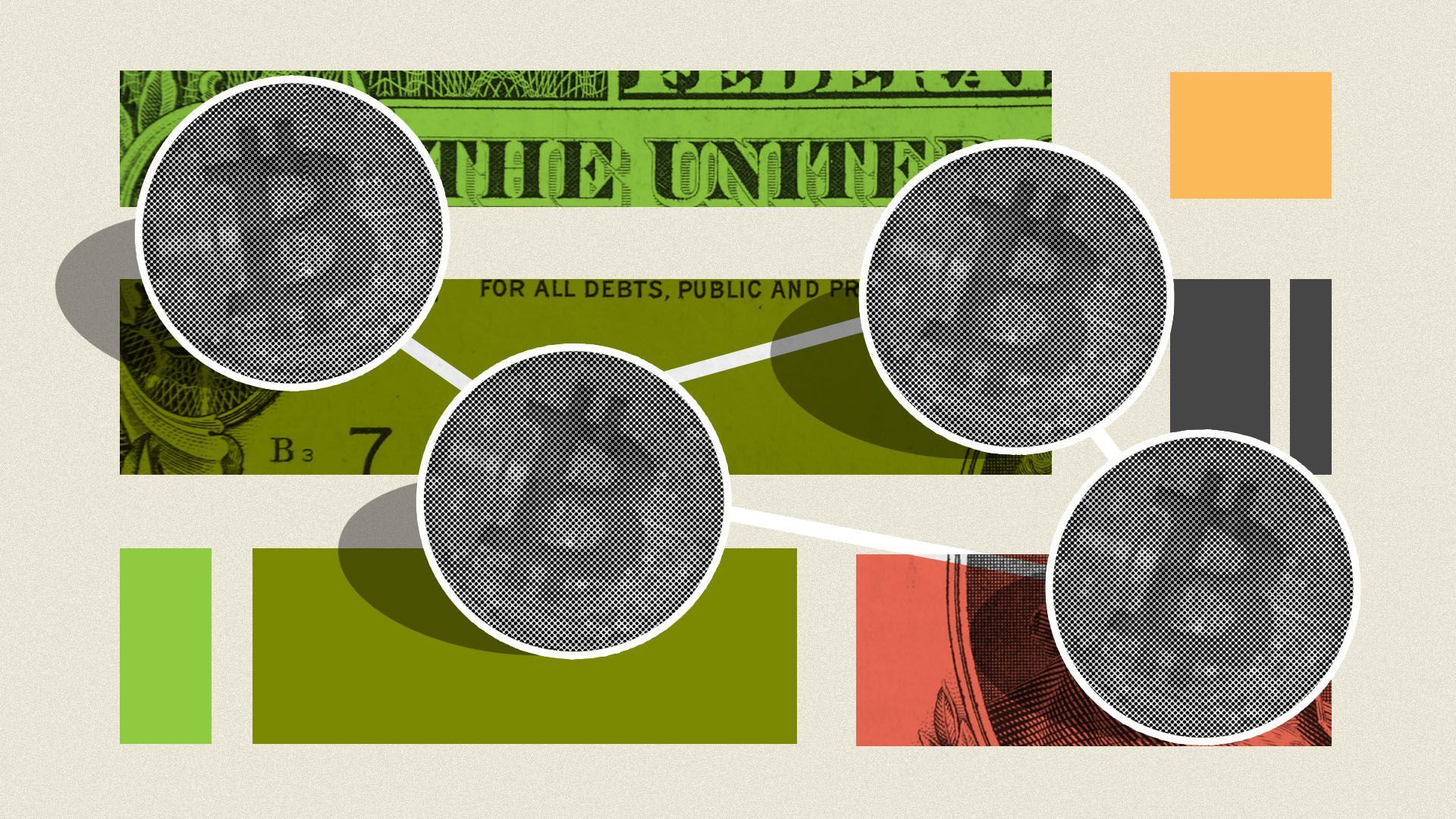 Illustration of connected "bitcoins" with a college of rectangles and money in the background