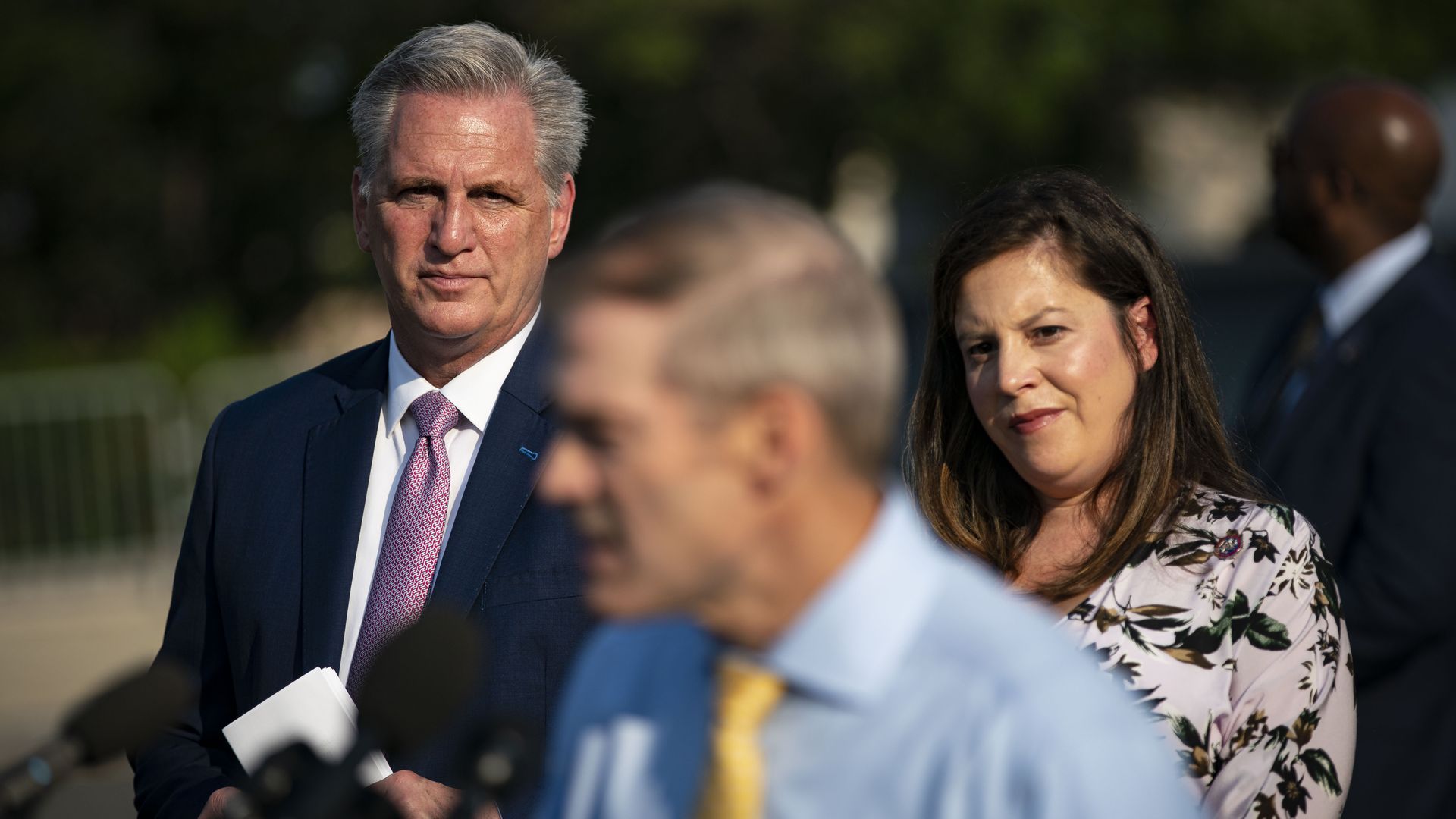 House Minority Leader Kevin McCarthy and House GOP Conference Chair Elise Stefanik are seen watching Rep. Jim Jordan criticize the Jan. 6 select committee.