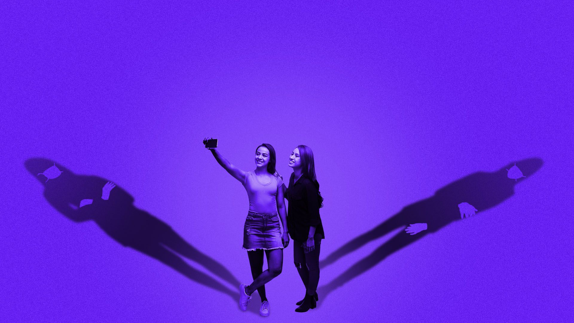 In this illustraiton, two women take a selfie while their shadows stand far apart and wear gloves and masks.