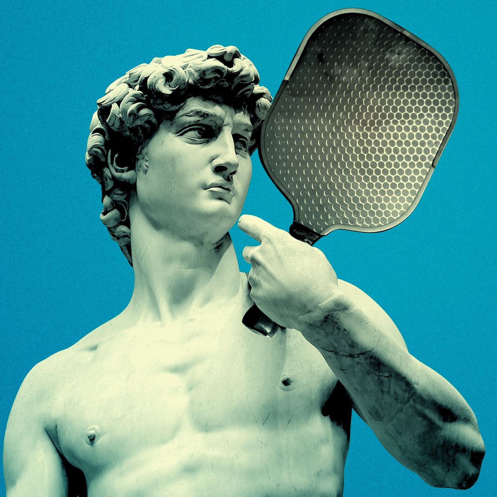 Photo illustration of Michelangelo's Statue of David holding a pickleball paddle.