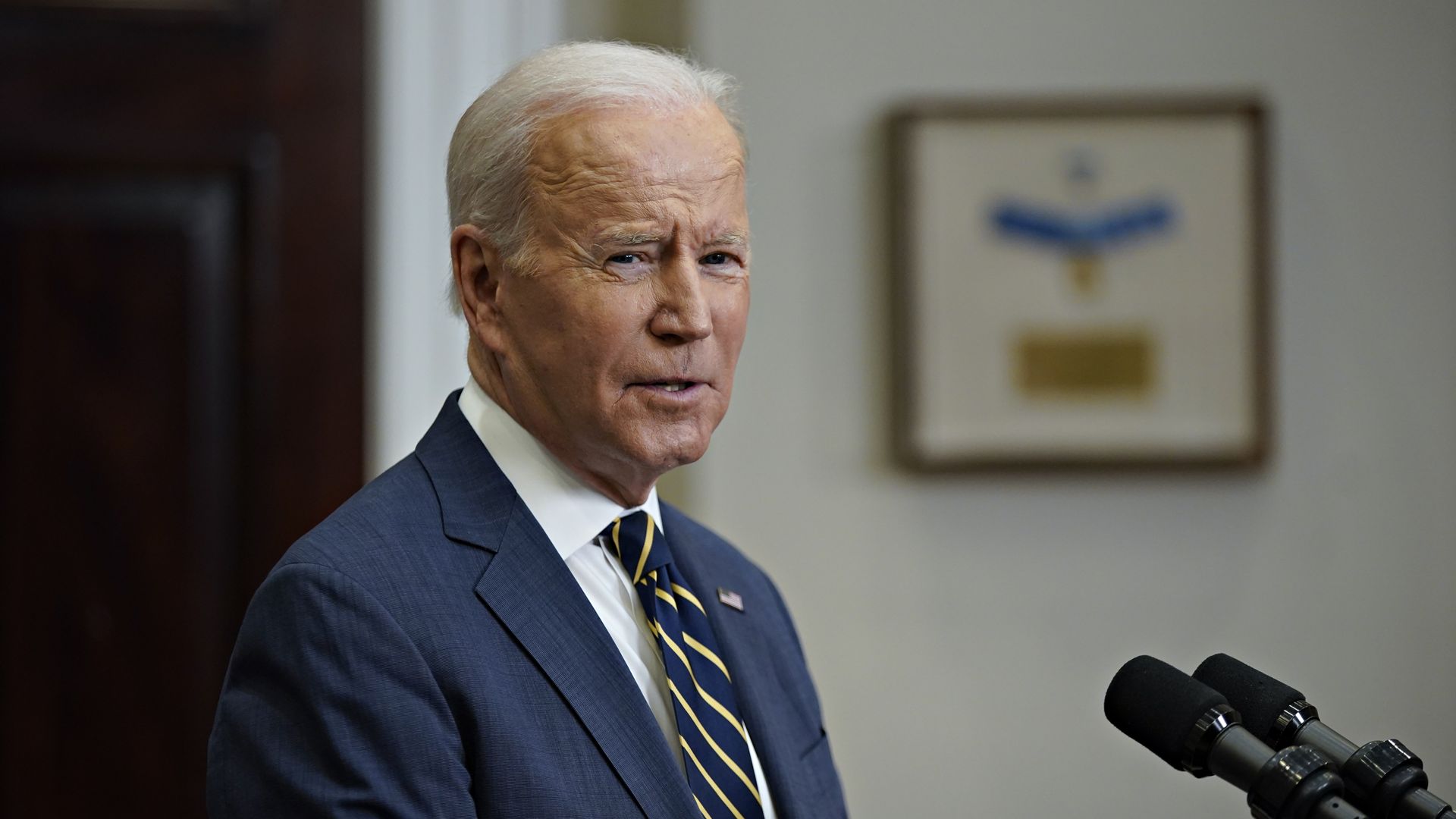 President Biden speaks in the Roosevelt Room of the White House on Friday.