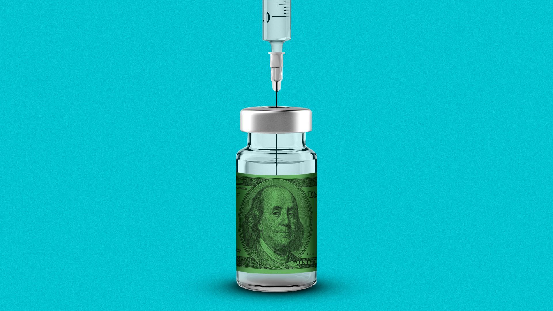 Illustration of a syringe pulling from a vial with a hundred dollar bill as a label.  