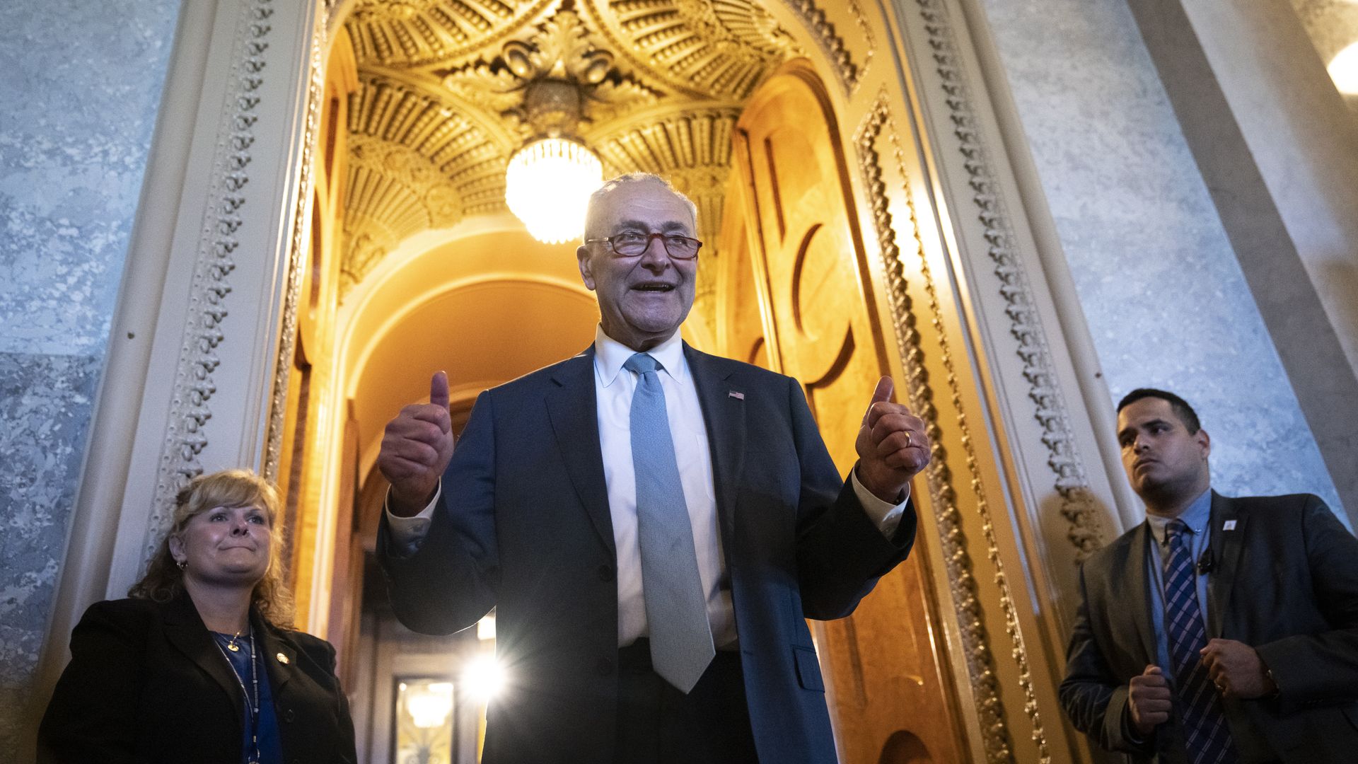 Senate Majority Leader Chuck Schumer (D-N.Y.) leaving the leaves the Senate after the passage of the Inflation Reduction Act on Aug. 7.