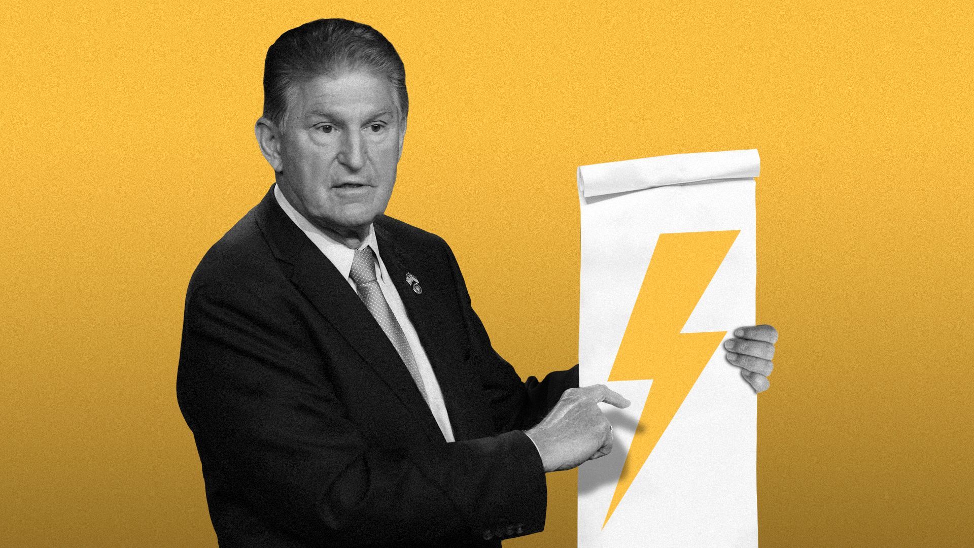 Illustration of U.S. Senator Joe Manchin holding a long sheet of paper with a lightning bolt on it.