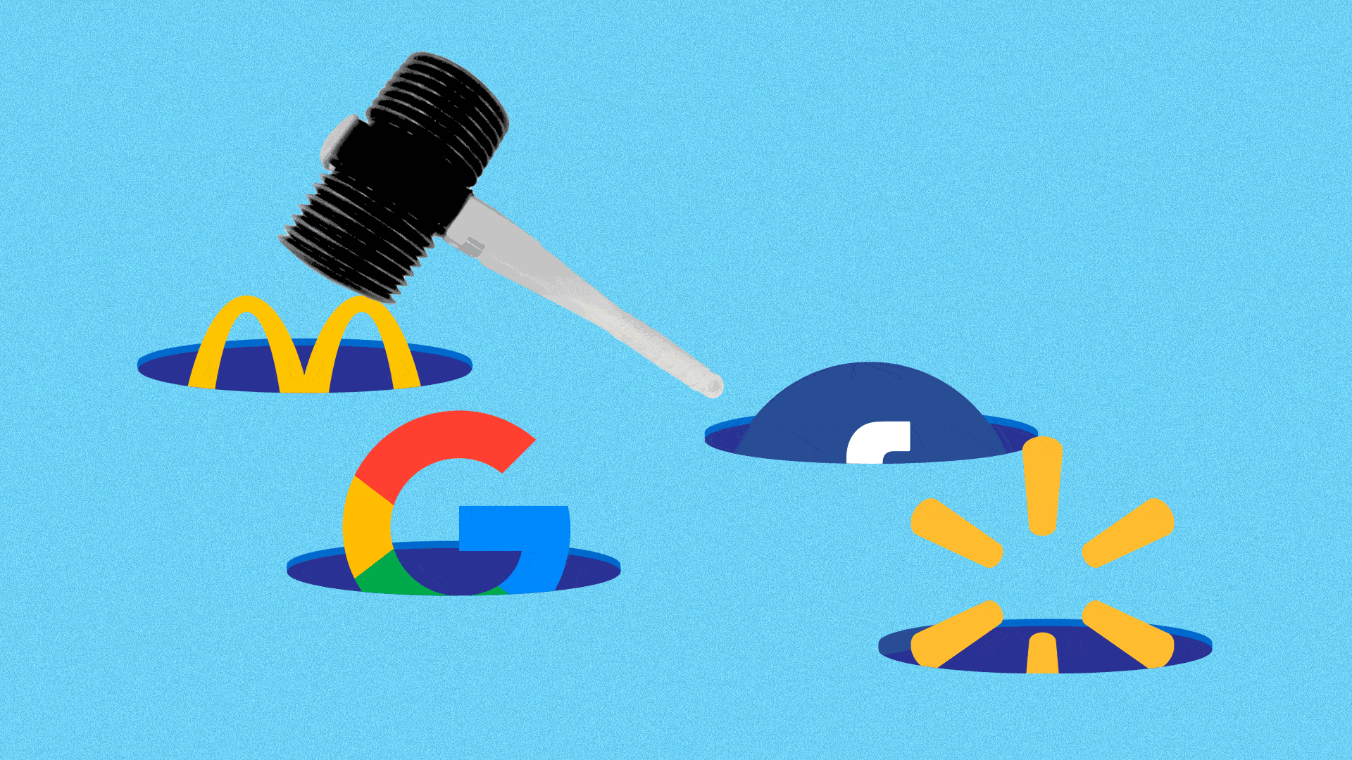 Animated illustration of a whack-a-mole carnival game with the logos for Google, Facebook, McDonald's and Walmart all bobbing up and down while a hammer hovers abov