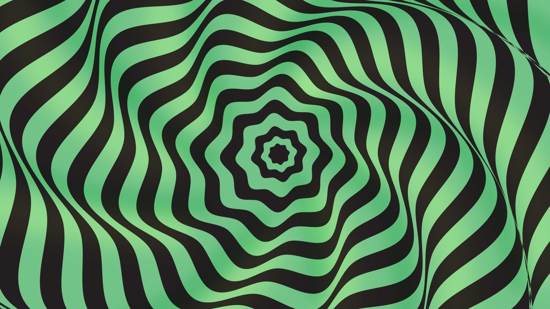 Illustration of wavy black and green lines spiraling outward in a floral shape with an optical illusion style.