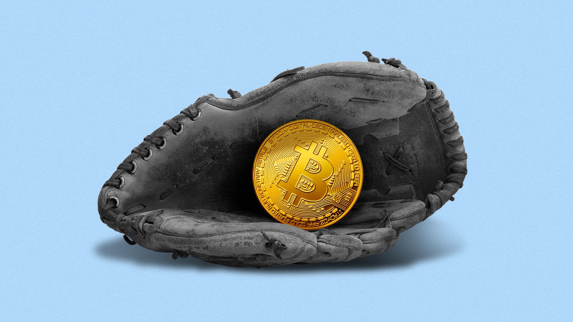 Illustration of a bitcoin sitting within a baseball glove