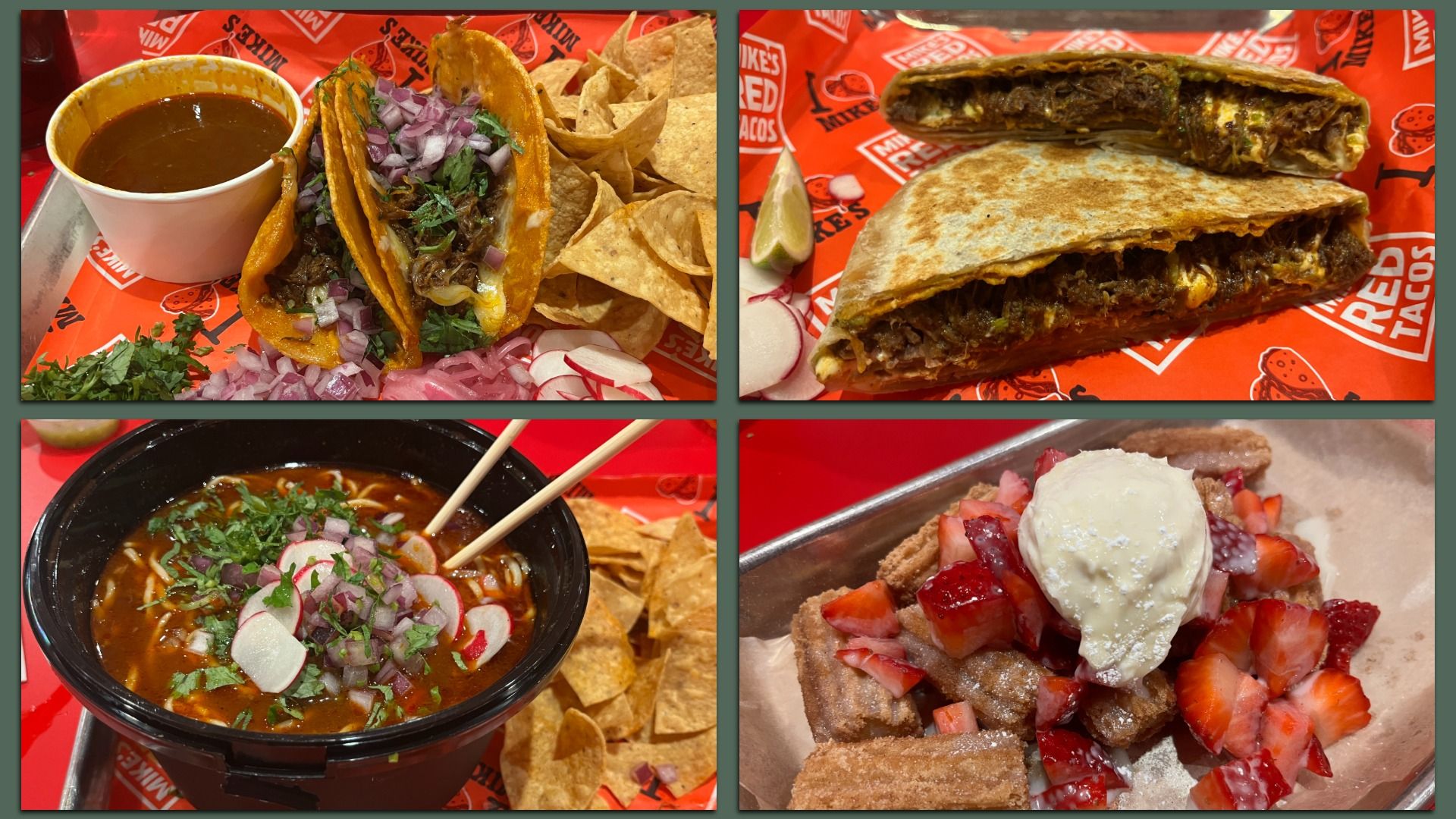 Four-food collage: top-left beef tacos with onions and cilantro, chips and consome broth; top-right beef and cheese crunchstack cut open; bottom-left birria ramen noodle soup with radish; bottom-right fried churro dessert with strawberries and scoop of sweet cream.