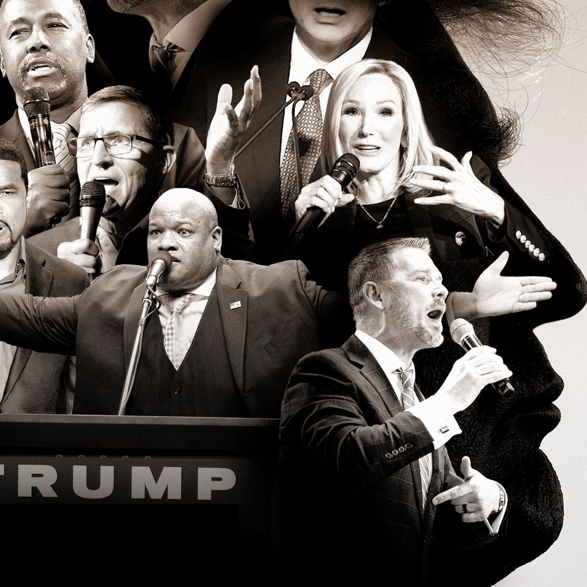 Photo Illustration of Ben Carson, Darrell Scott, Michael Flynn, Paula White-Caine, Mark Burns and Greg Locke within the silhouette of Donald Trump