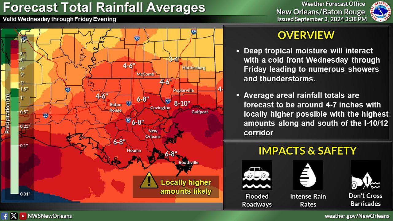 Image shows a map with rainfall amounts marked in red and yellow.