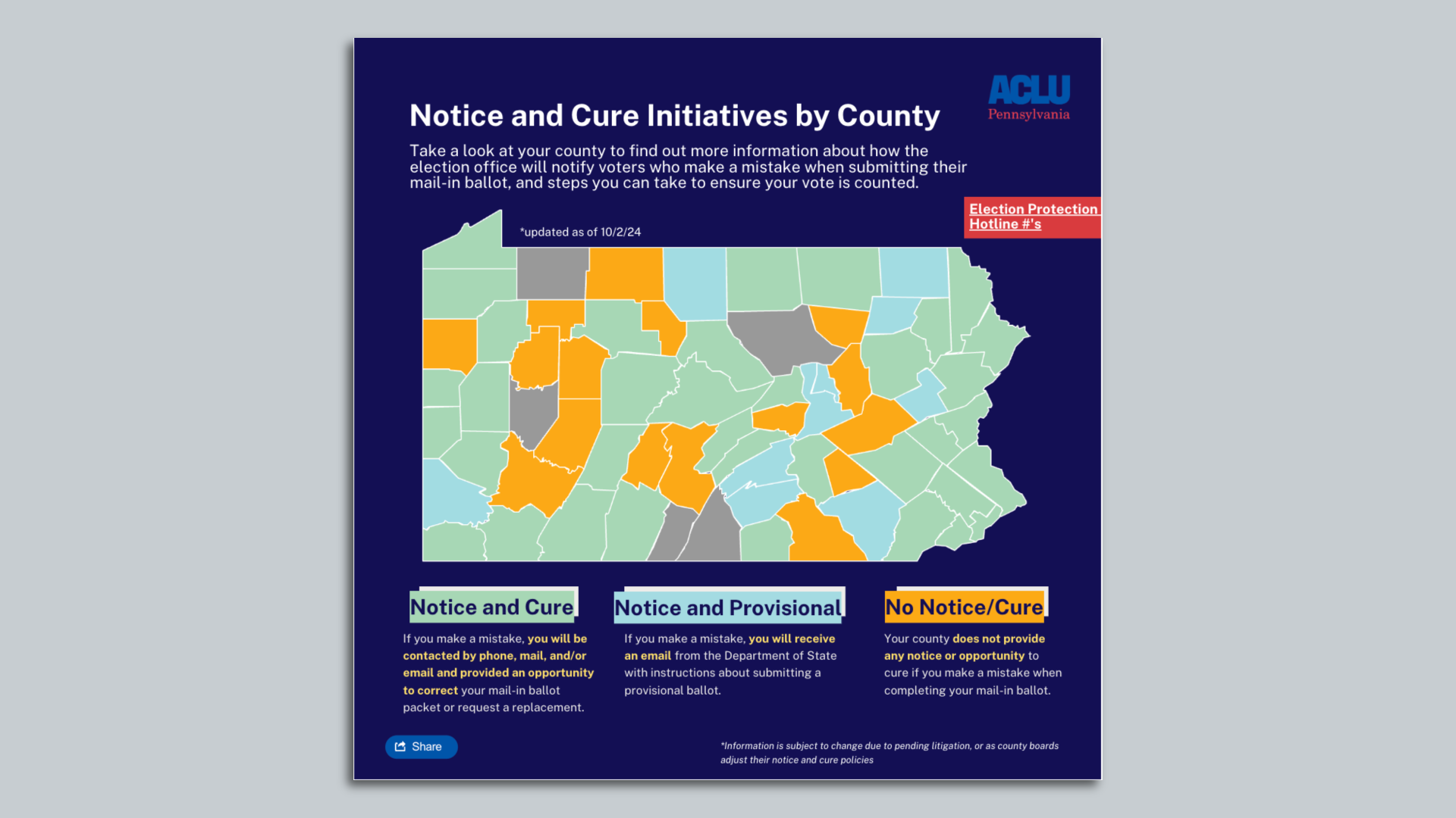 A map of Pennsylvania showing notice and cure initiatives by county.
