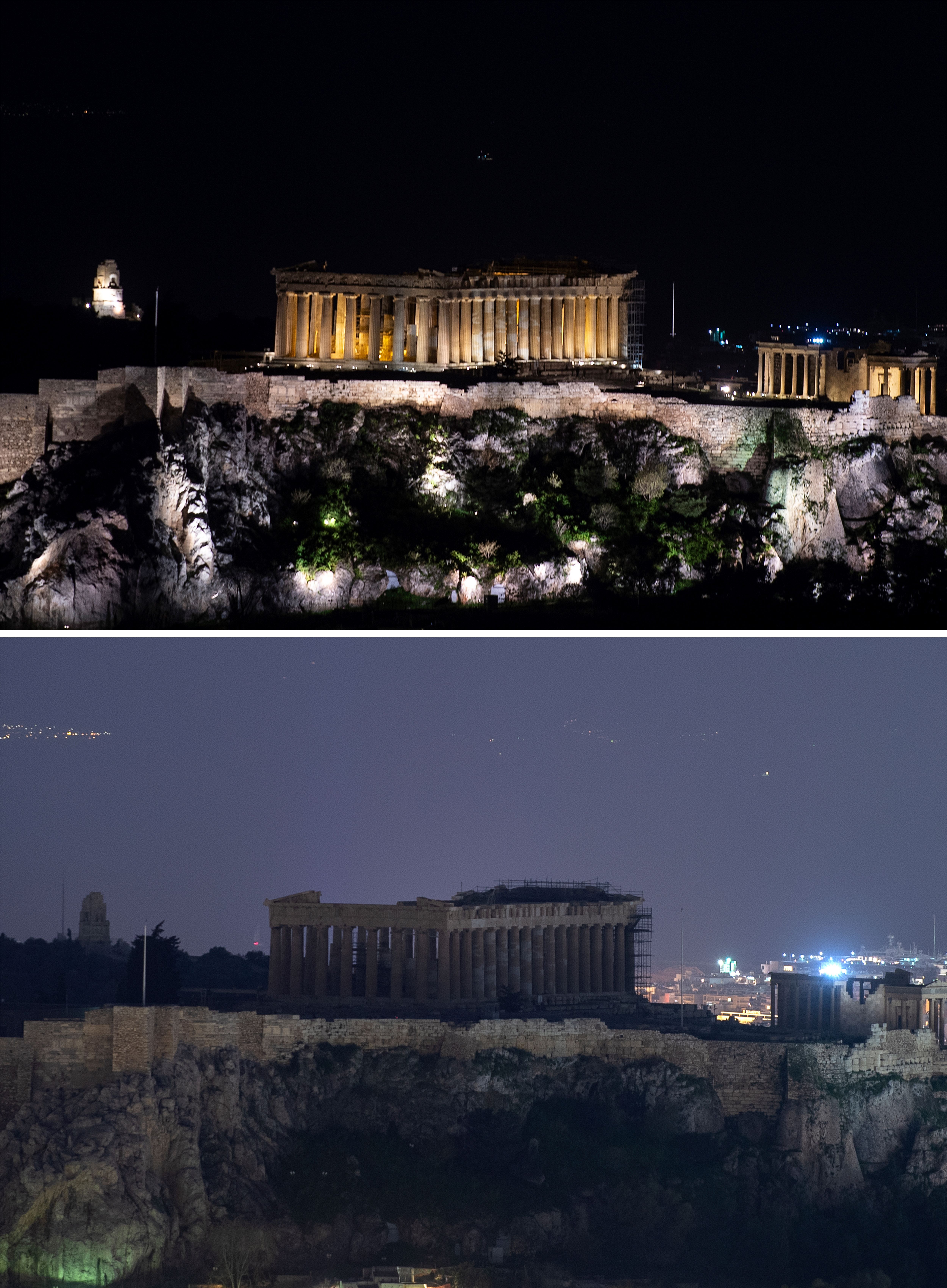 The ancient Acropolis with lights on and off during the Earth Hour in Athens, Greece.