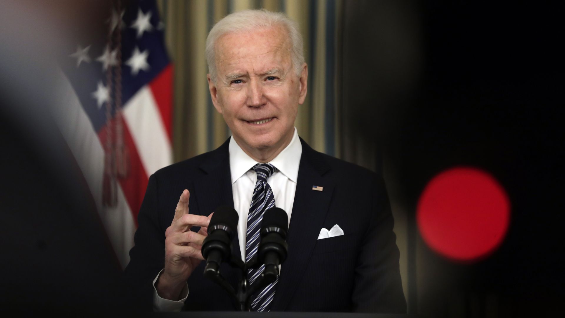 President Biden is seen addressing reporters in the White House on Monday.