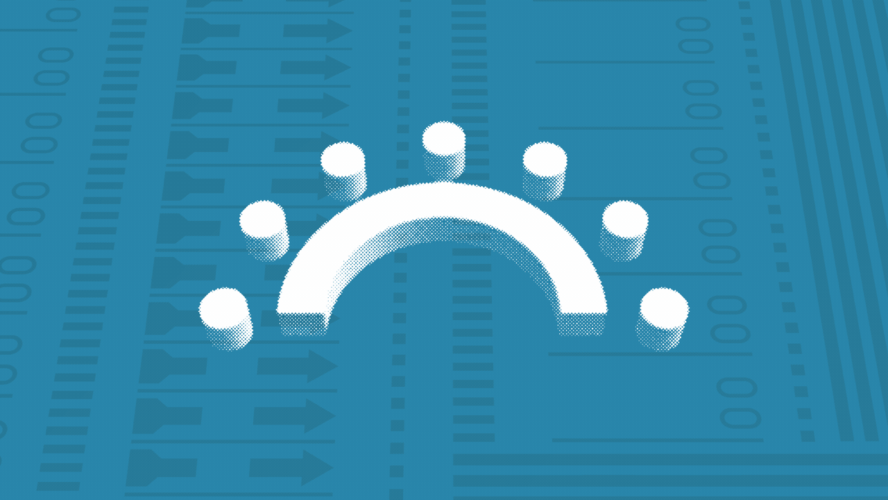 Animated illustration of dots around a half-circle table over a blue background, which turn into a checkmark.