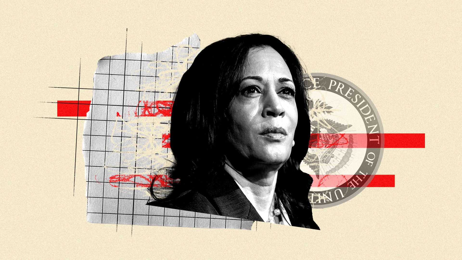 Photo illustration of Vice President Kamala Harris with the Vice Presidential seal, a sheet of paper, and a grid behind her