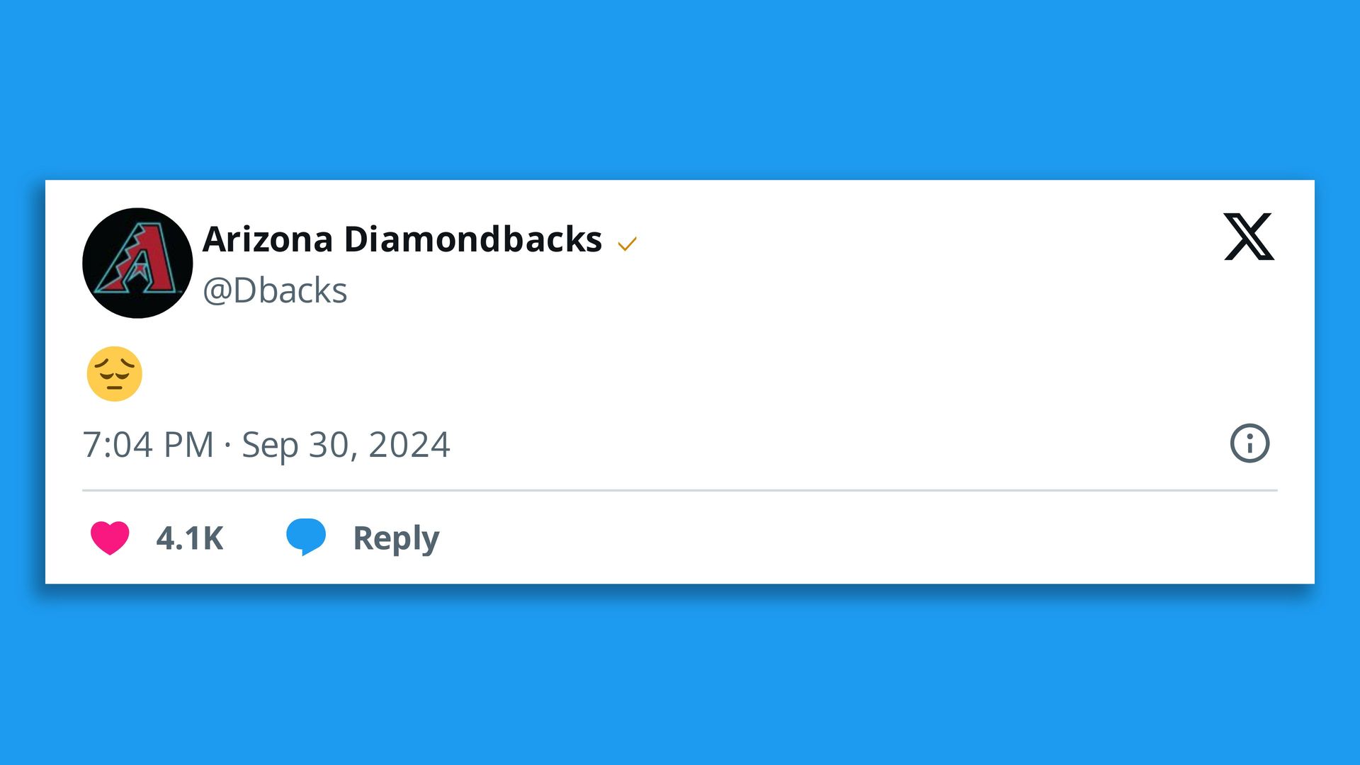A screenshot of a tweet from the Arizona Diamondbacks with a sad face emoji.