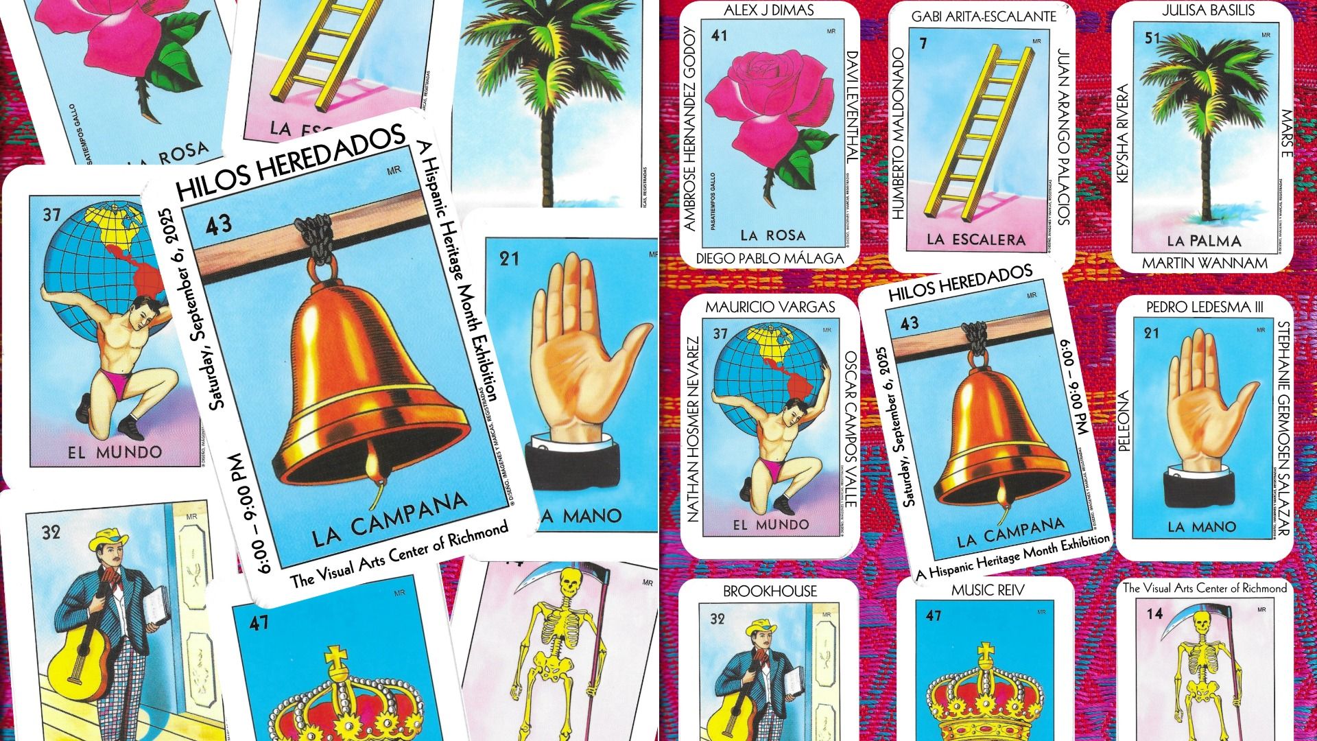 Colorful Lotería-style cards featuring symbols like a rose, ladder, palm tree, globe with a man, skeleton, hand, bell, crown, all labeled in Spanish with artist names around edges.