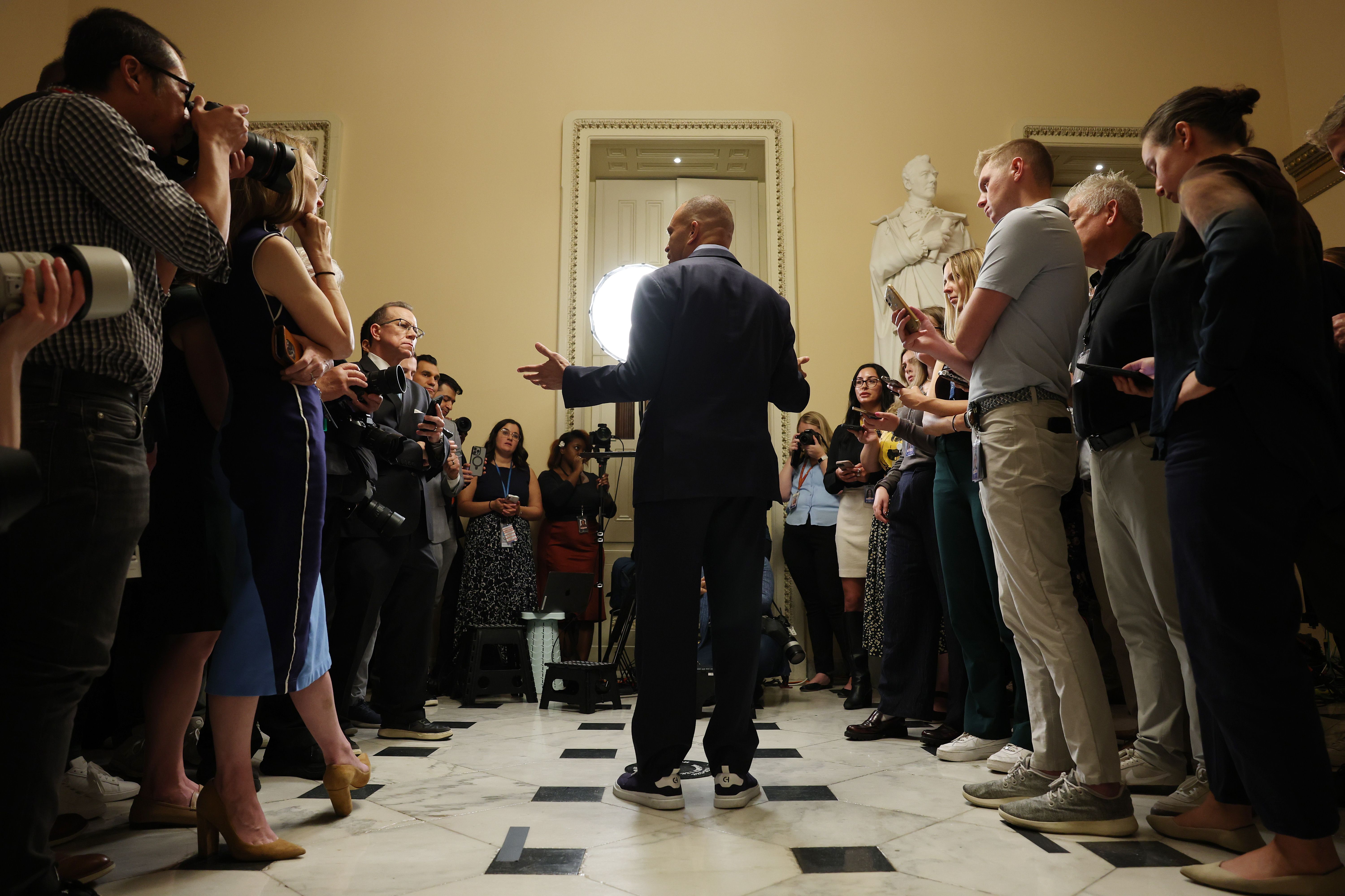WASHINGTON, DC - SEPTEMBER 24: U.S. House Minority Leader Hakeem Jeffries (D-NY) speaks during a press conference at the U.S. Capitol Building on September 24, 2025 in Washington, DC. Jeffries spoke to reporters about the recent shooting in Dallas, Texas, and the negotiations between Congress and th