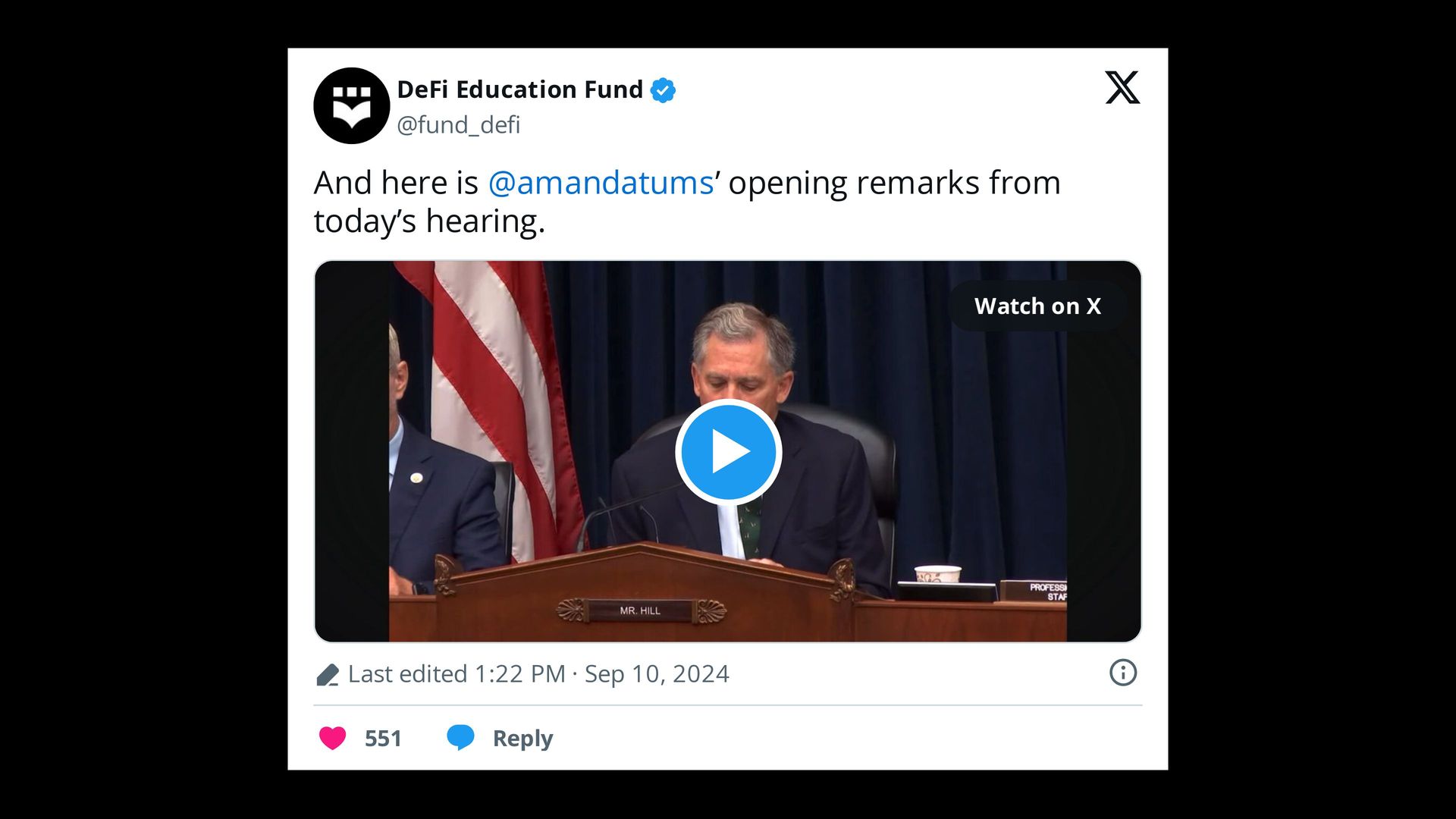 A screenshot of a video from a congressional hearing posted on social media.