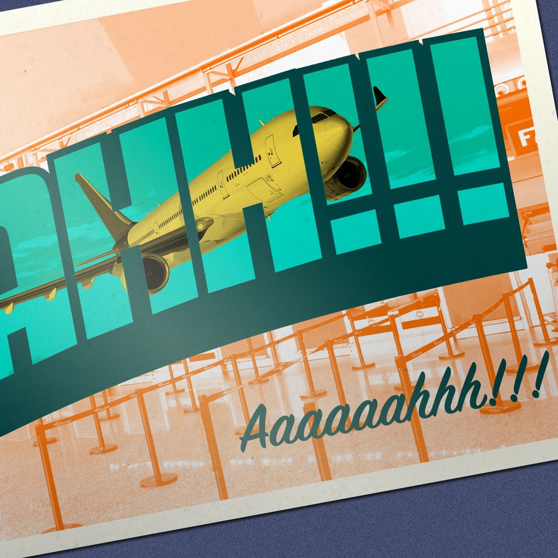 Illustration of a travel postcard with an airplane appearing in the text of a scream.