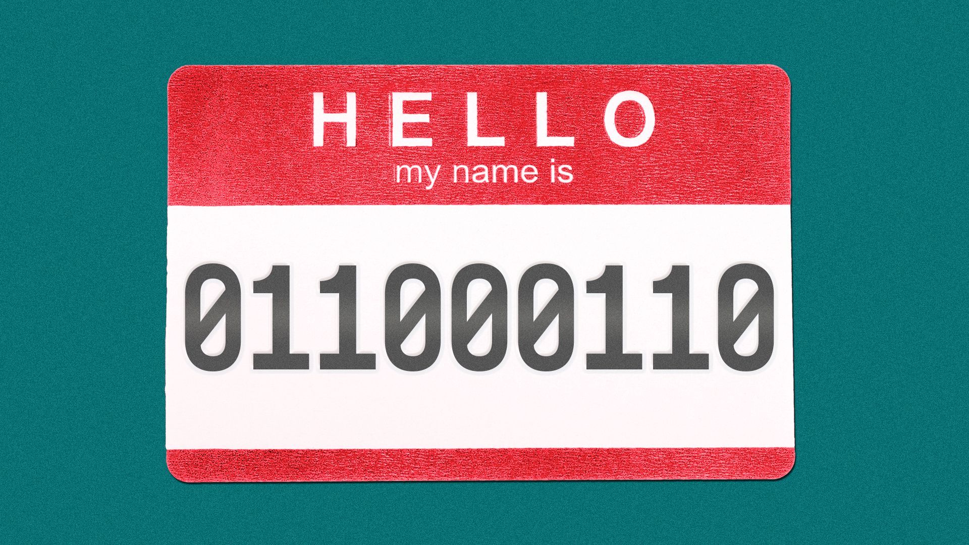 Illustration of a name tag with binary code on it instead of a name.