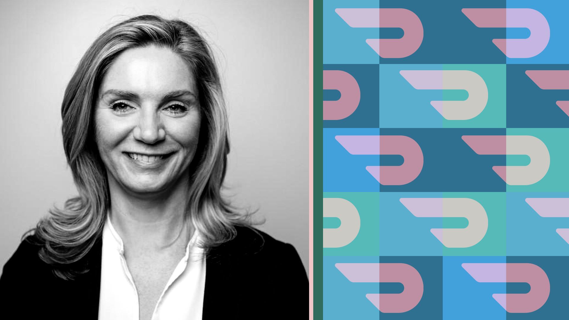 Photo illustration of vice president of communications and policy at DoorDash Liz Jarvis-Shean next to a pattern of the DoorDash logo