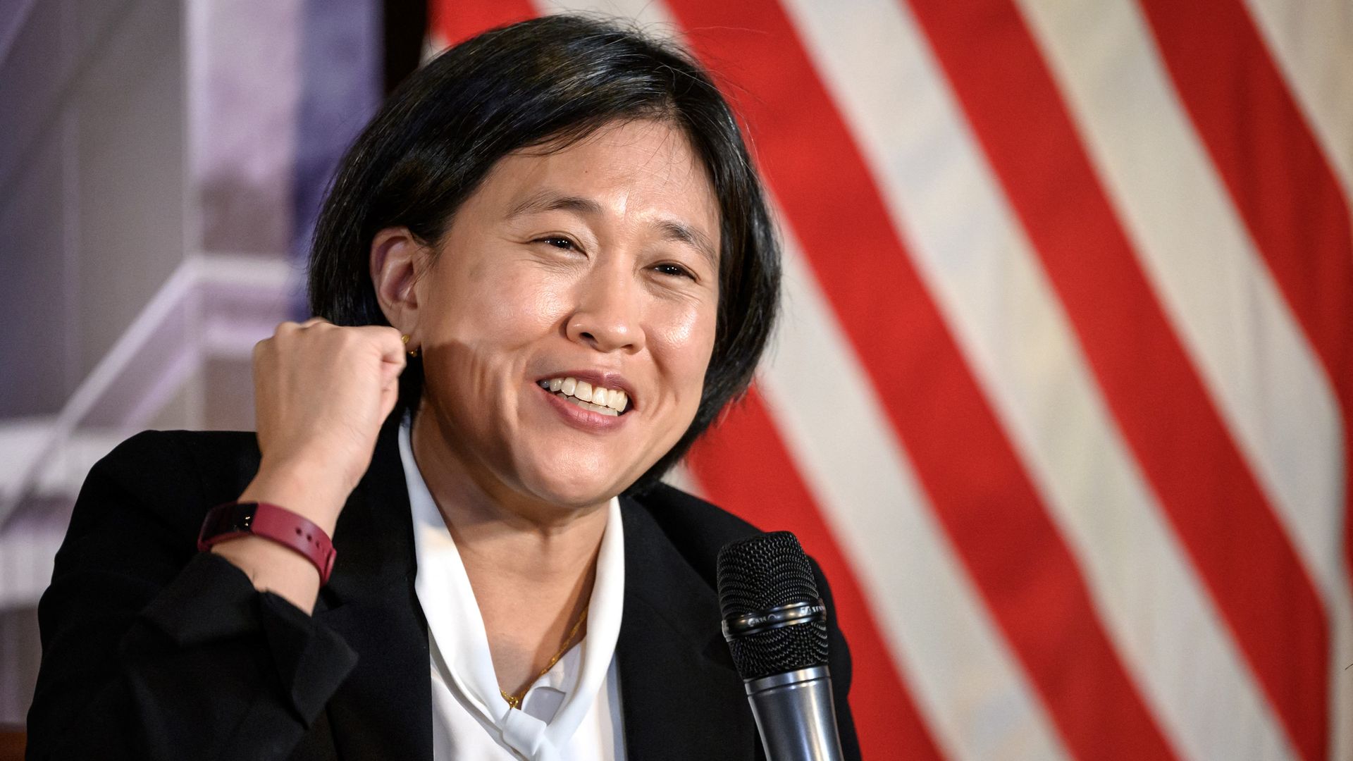 U.S. Trade Representative Katherine Tai is seen speaking.