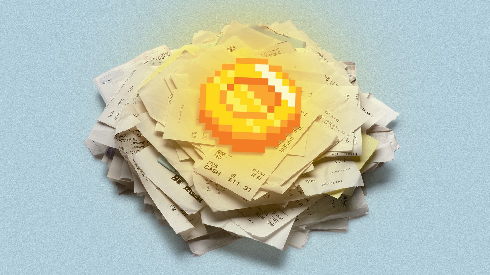 Illustration of a glowing coin on top of a pile of receipts 