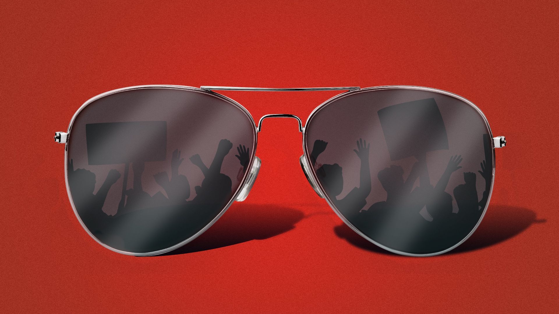 Illustration of a pair of aviator sunglasses with picketers reflected in the lenses. 