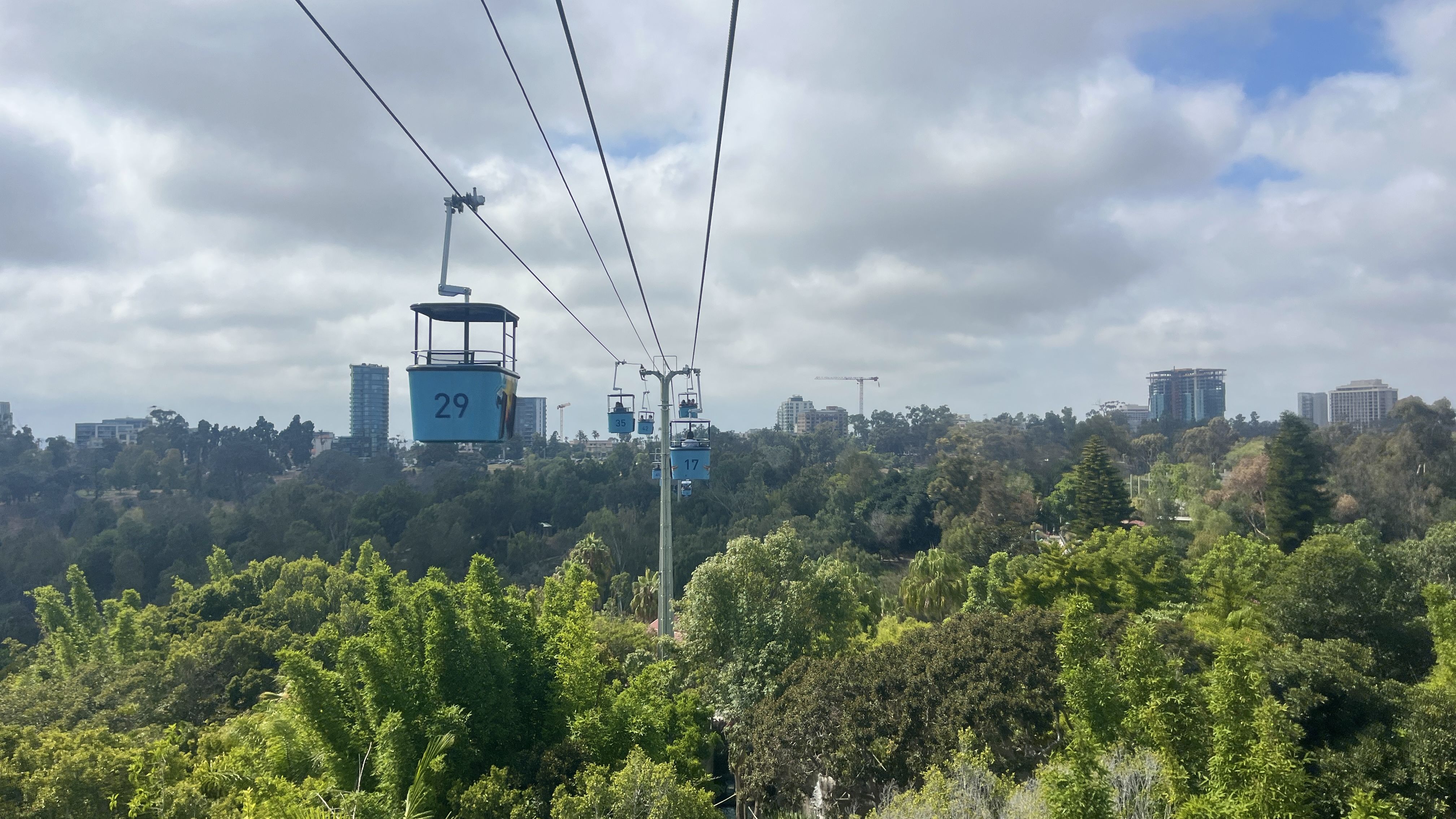 Blue cable cars traveling over lush green trees at the San Diego Zoo in Balboa Park, under a cloudy sky with scattered patches of blue and city buildings in the background.