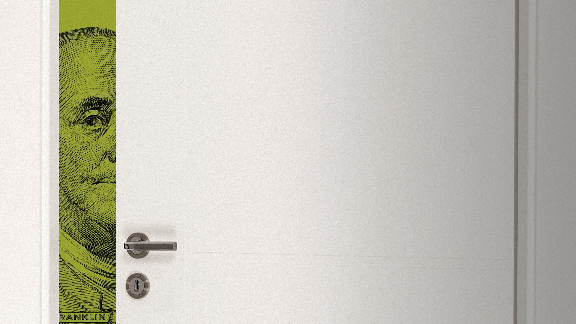 Illustration of an open door revealing Ben Franklin from a hundred dollar bill