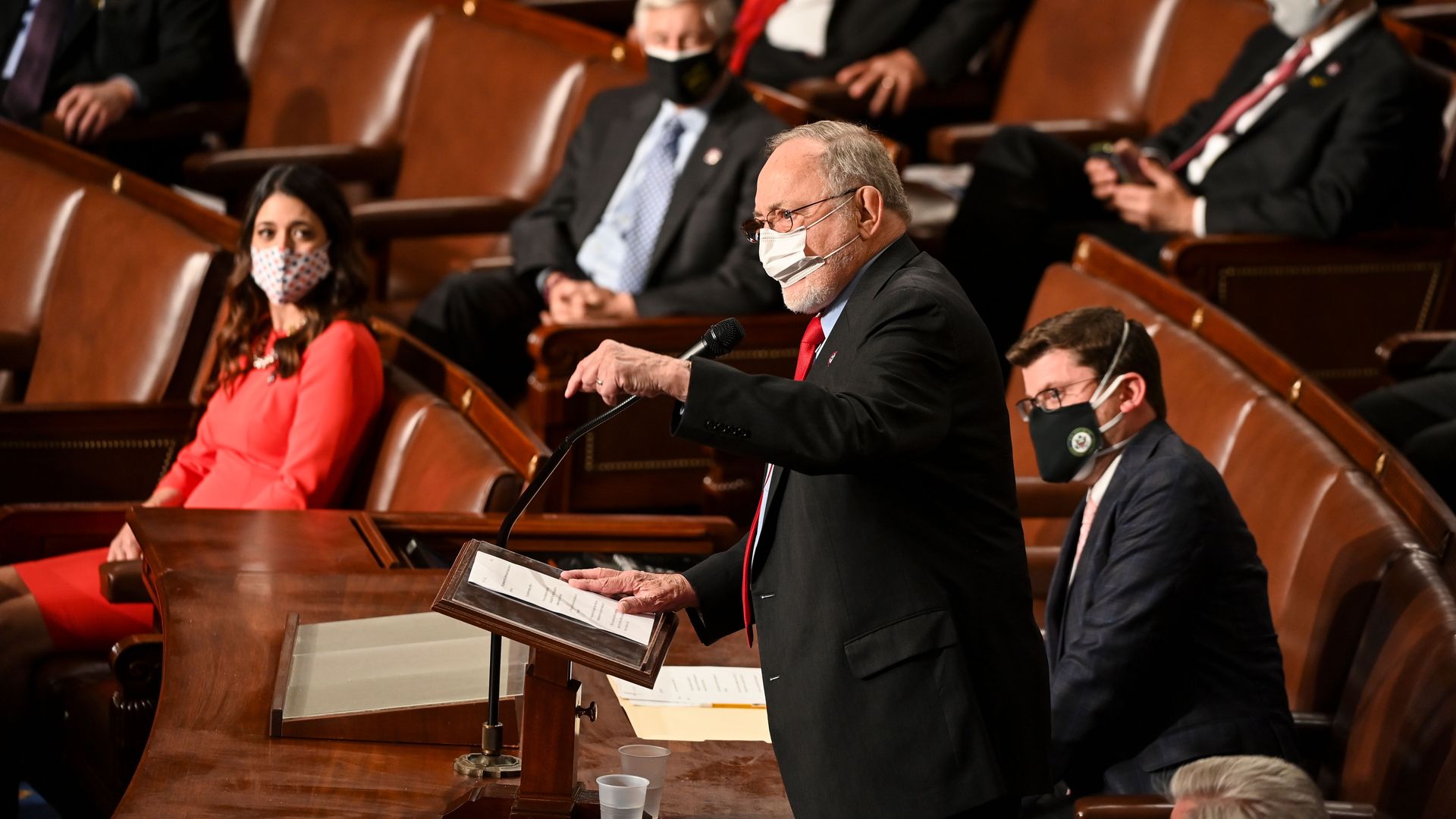 Rep. Don Young (R-Alaska), dean of the House, addresses House Speaker Nancy Pelosi (D-Calif.) at the U.S. Capitol in Washington, DC on Jan. 3, 2021.