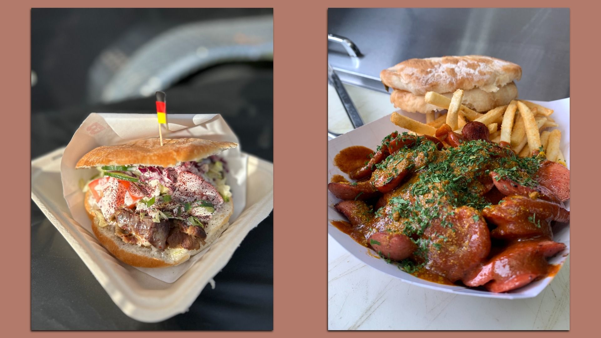 Two photos: left shows a sandwich with grilled meat, tomato, lettuce, and sauce on a bun with a small German flag toothpick. Right shows fries and sliced sausage with green herbs and sauce in a paper tray.