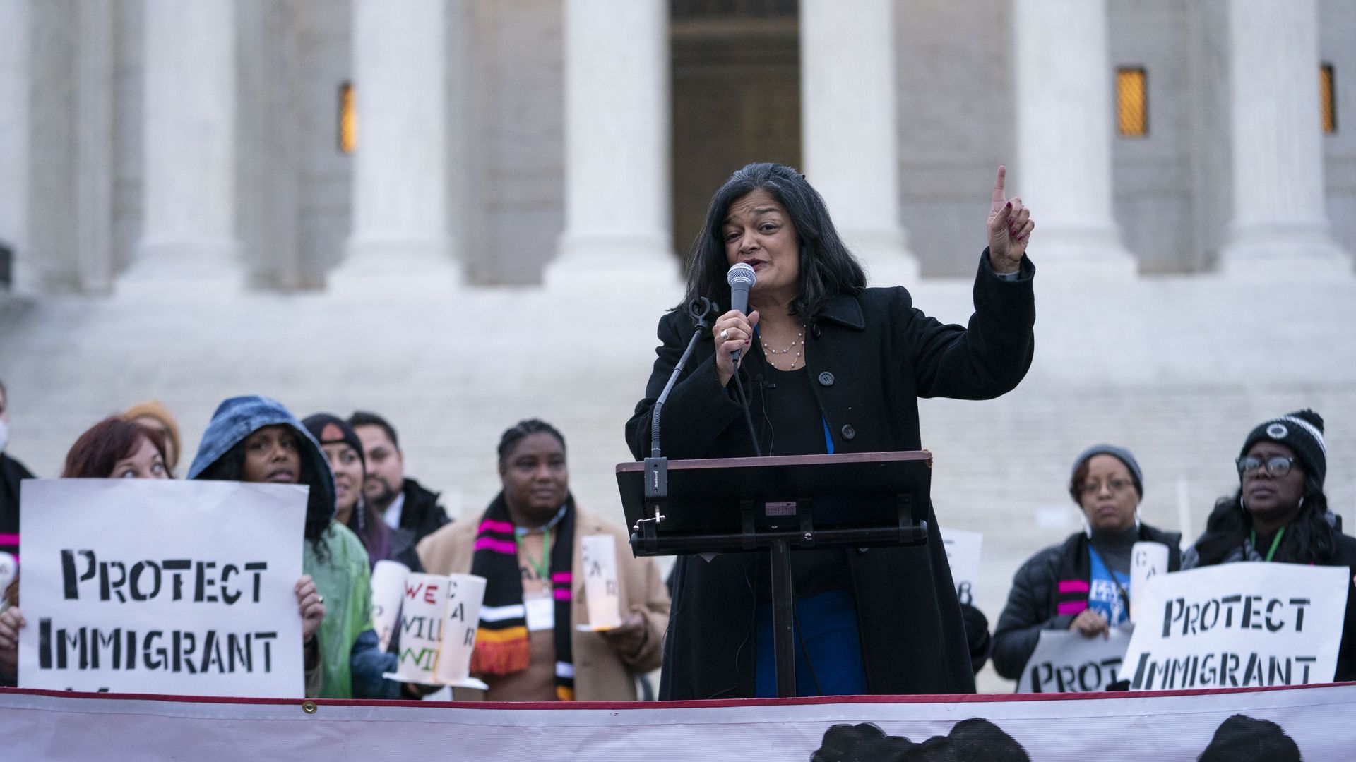 Representative Pramila Jayapal, a Democrat from Washington, speaks during a rally in support of DACA outside the US Supreme Court