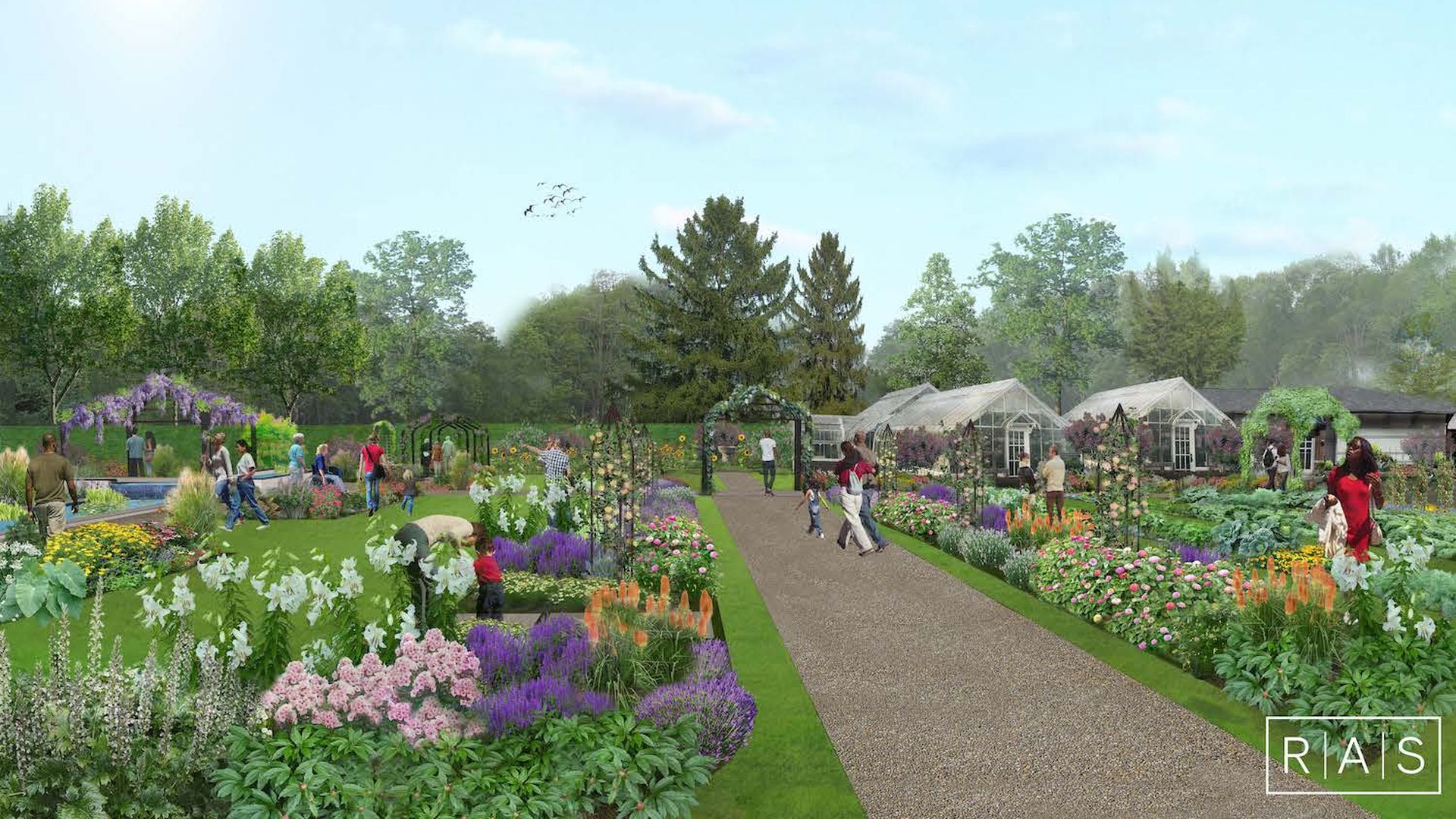 Sunlit botanical garden with colorful flower beds along a gravel path, visitors strolling, glasshouses in the distance, and lush green trees under a clear blue sky.