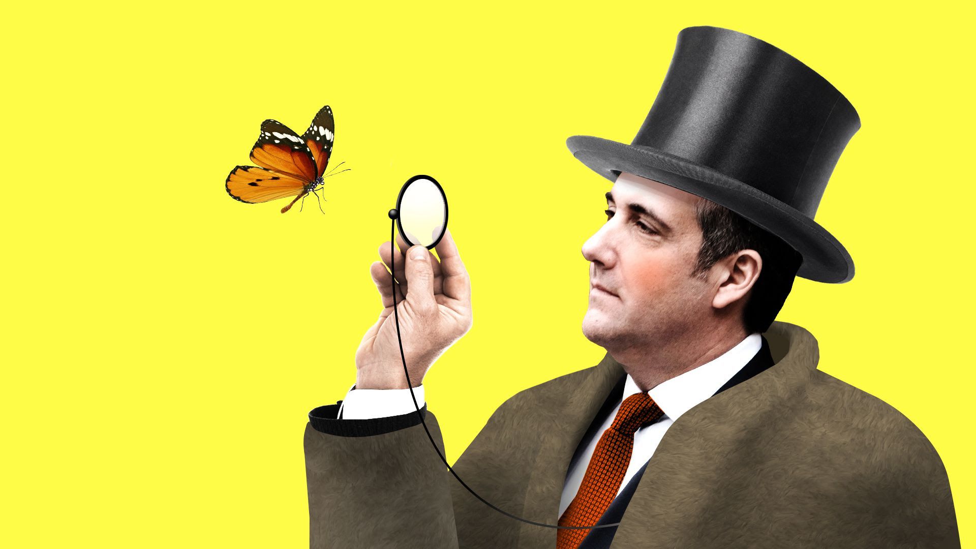 Illustration of Michael Cohen wearing a top hat and looking look a magnifying glass, with a butterfly floating in air behind it
