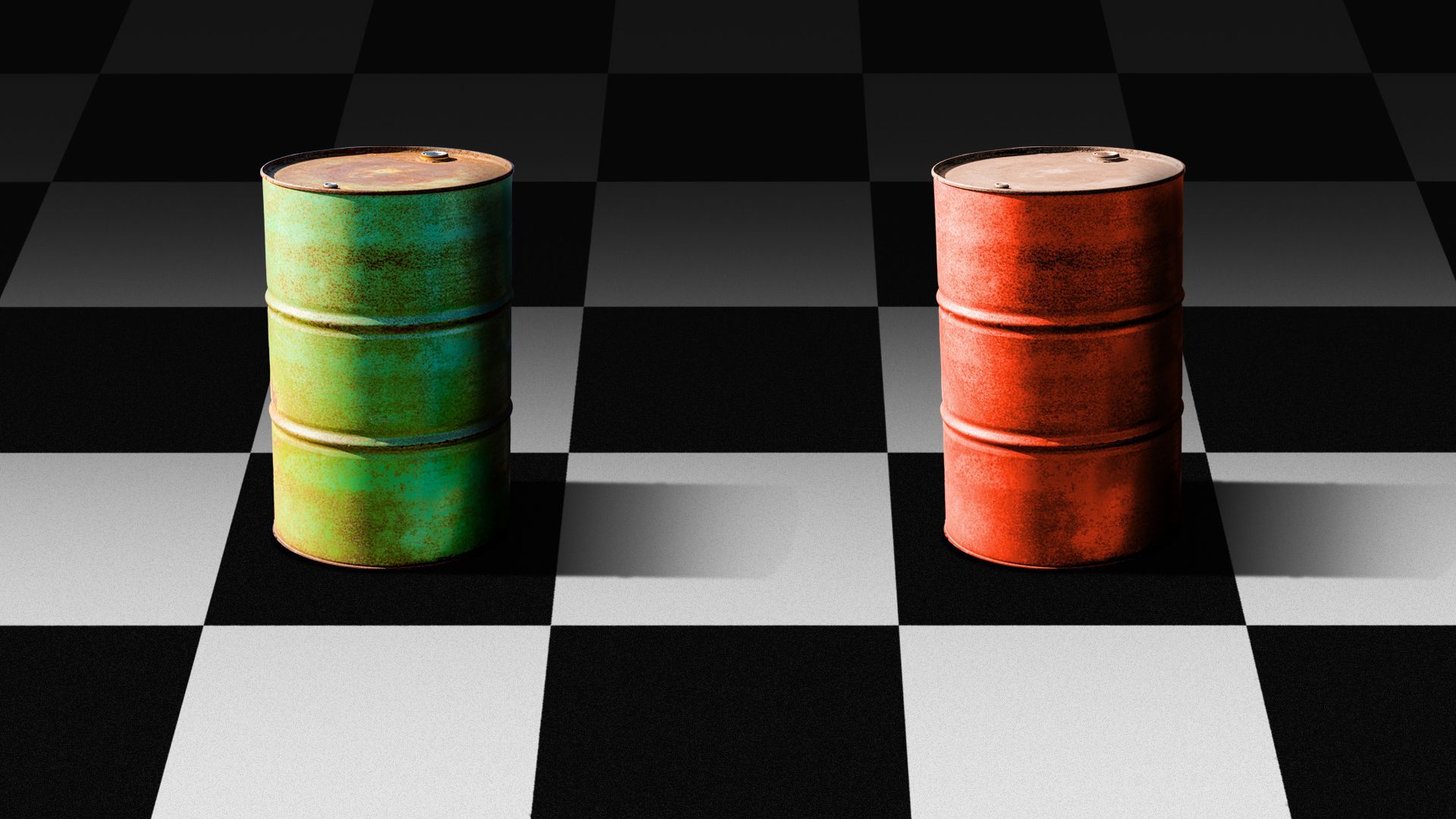 Illustrations of two oil barrels facing off on a chessboard 