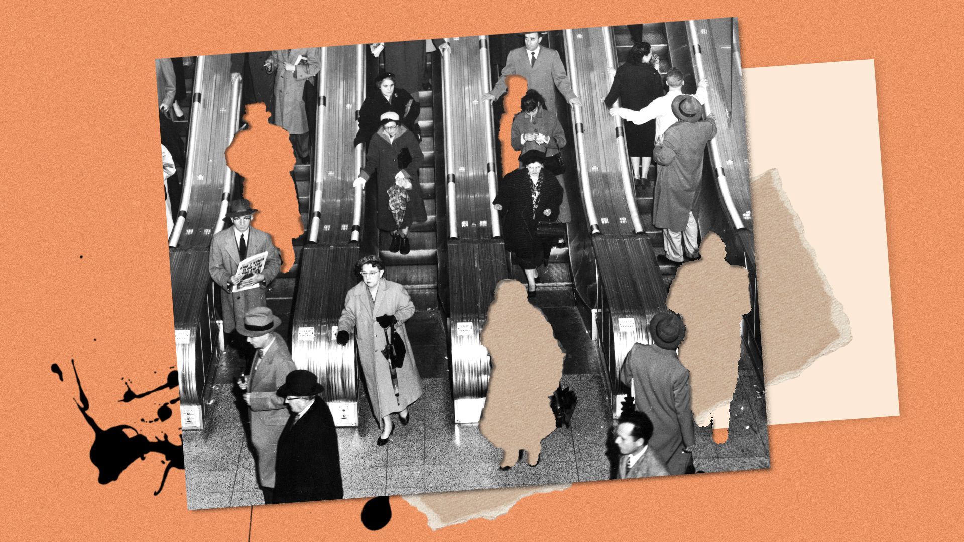 Photo illustration of an old photograph of people on an escalator with some people cut out. 