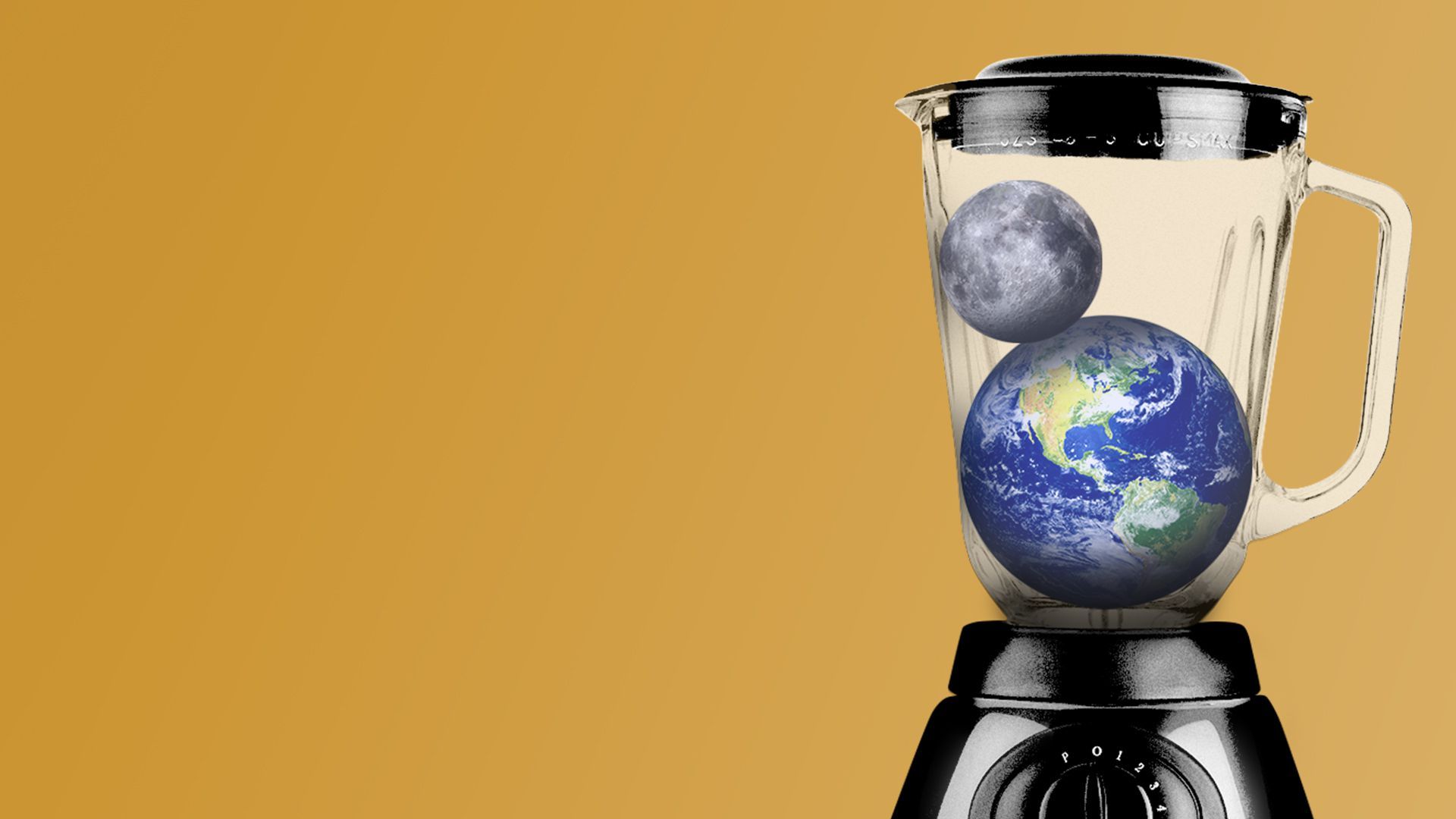 Illustration of a blender with the Earth and the Moon inside. 