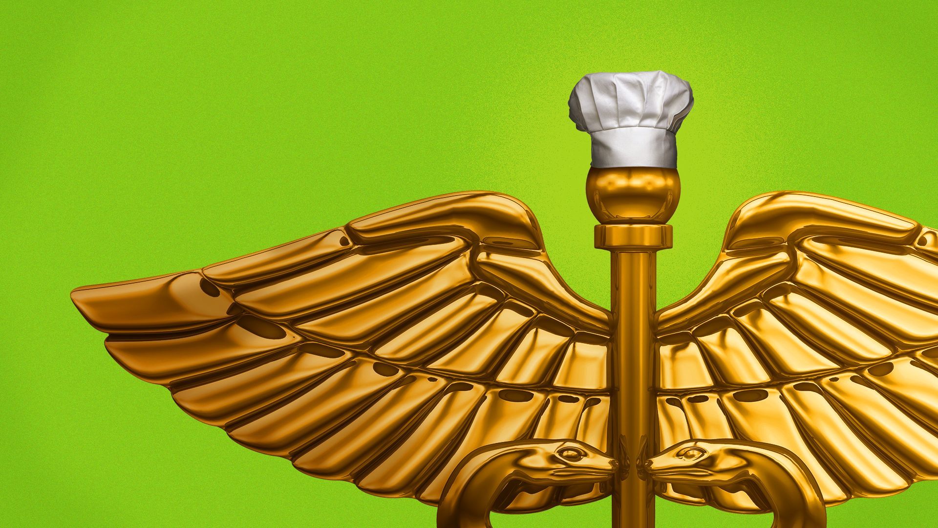 Illustration of a caduceus wearing a chef hap.