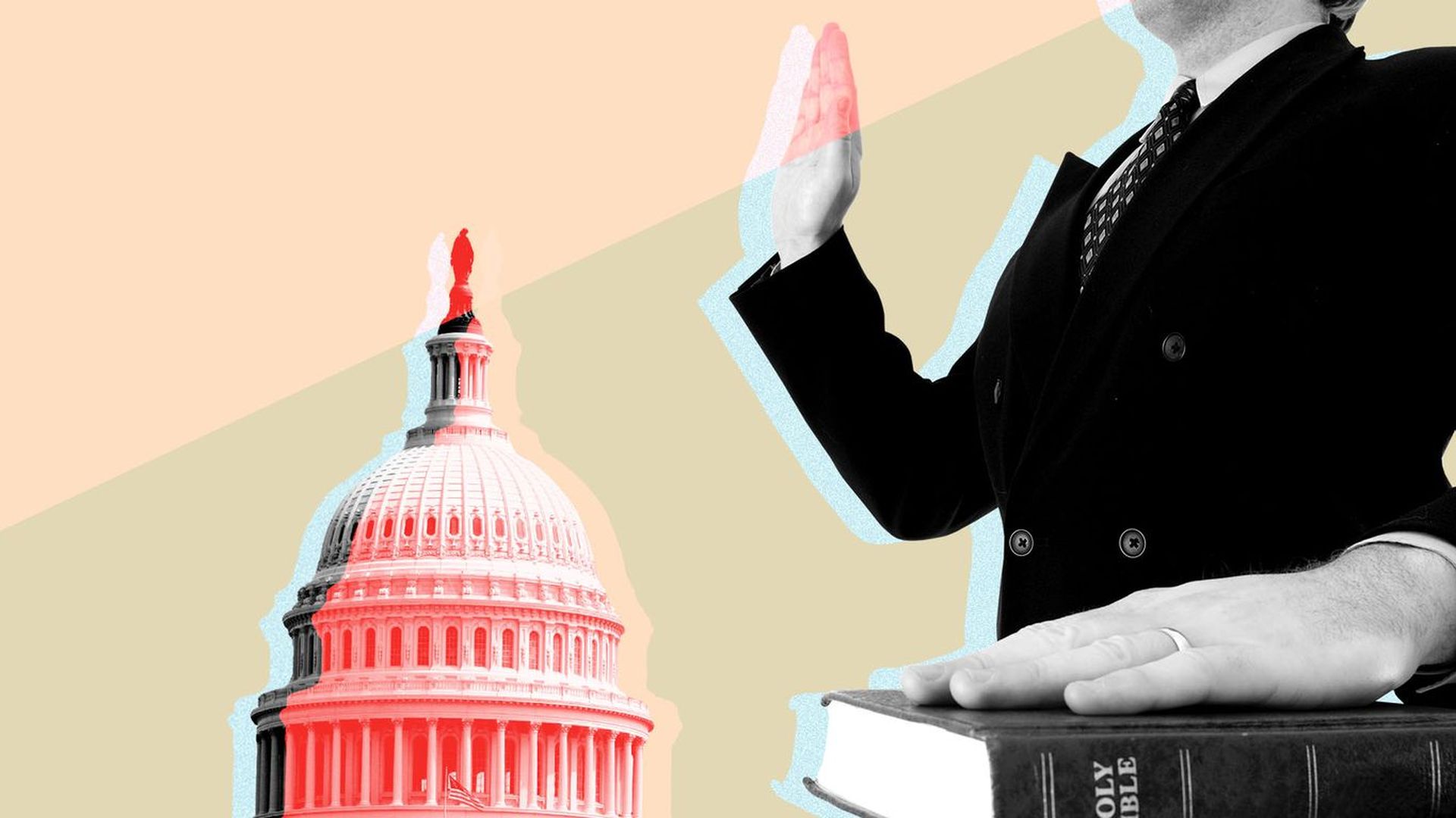 Photo illustration of a man swearing on a bible with the U.S. Capitol dome in the background.