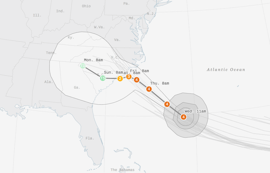 Graphic showing the evolution of National Hurricane Center storm track forecasts for Hurricane Florence.