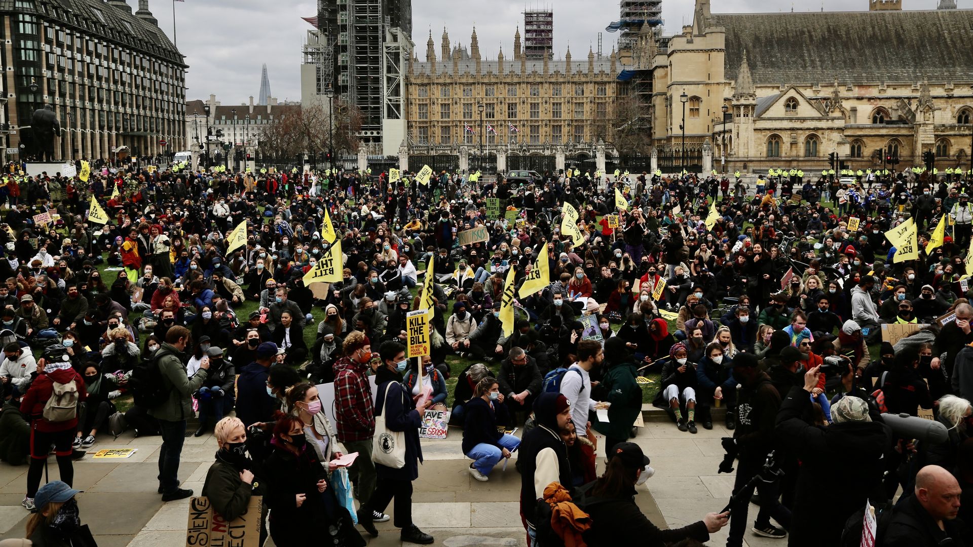 People marching toward Parliament Square in London as part of a "kill the bill" rally on April 3.