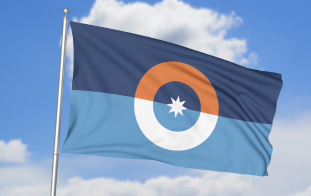 A proposed state flag design features a ring, half white and half orange, with a white star in the center.