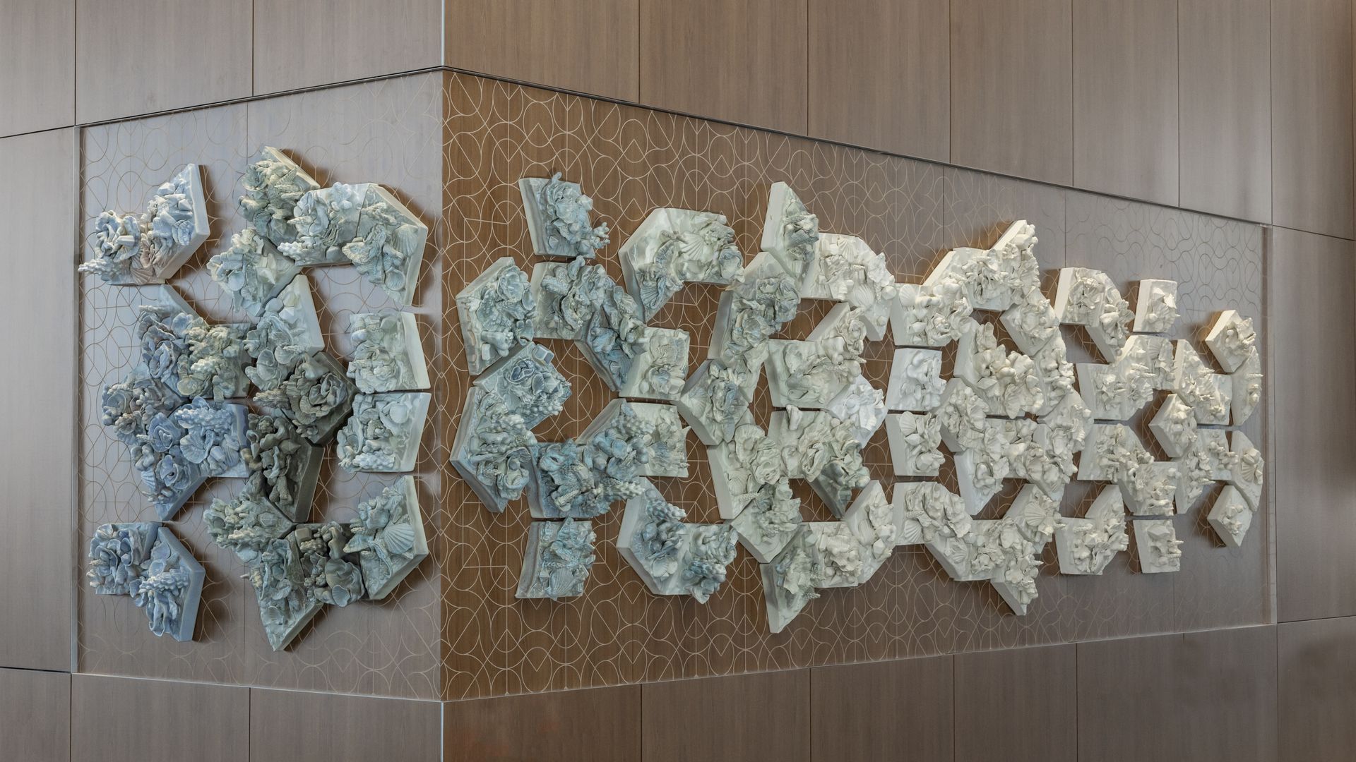 Coral sculptures in white, green and blue colors.