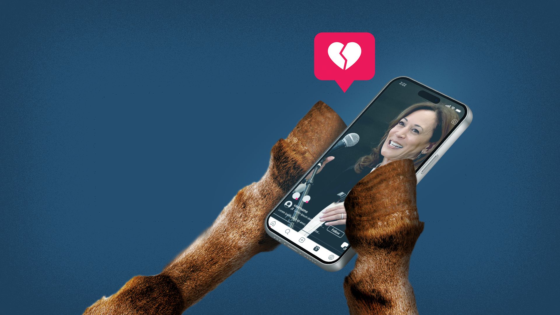 Illustration of donkey hooves unliking a photo of Kamala Harris on a smartphone.
