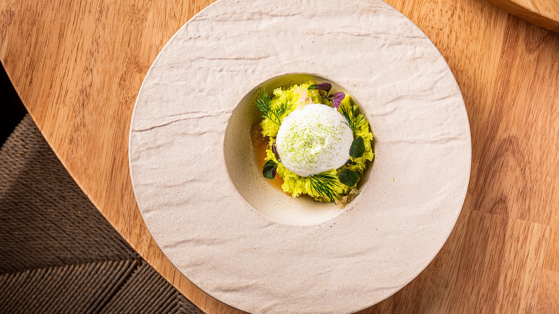 Cà Ri (best seller) green curry sponge cake, avocado sorbet, soursop mousse fish sauce caramel finger lime from Moon Rabbit in Washington, DC on January 23, 2025 (Photo by Rey Lopez for The Washington Post via Getty Images)