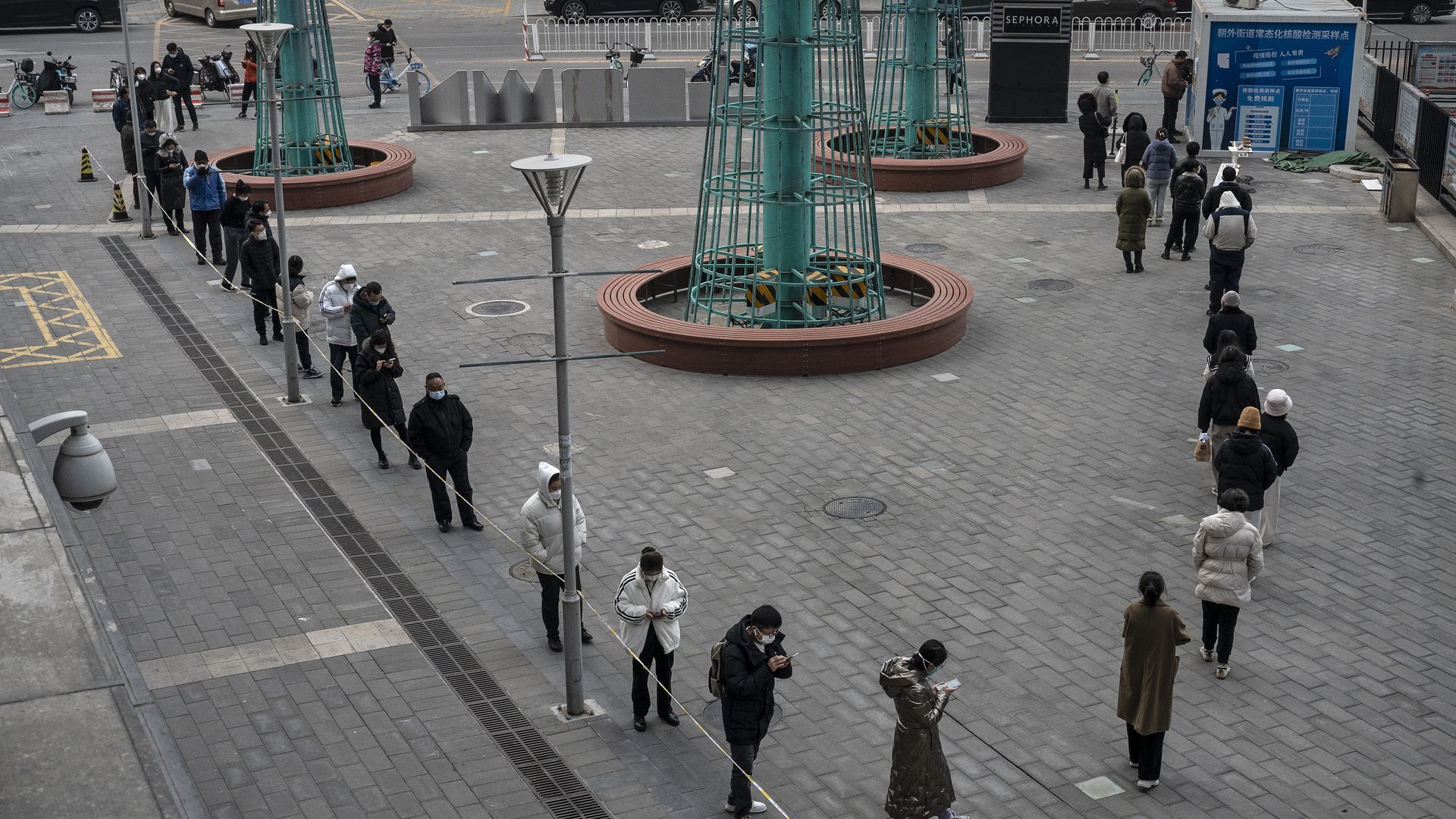 People line up for nucleic acid tests to detect COVID-19 at a public testing site on Dec. 9 in Beijing. Photo: Kevin Frayer/Getty Images