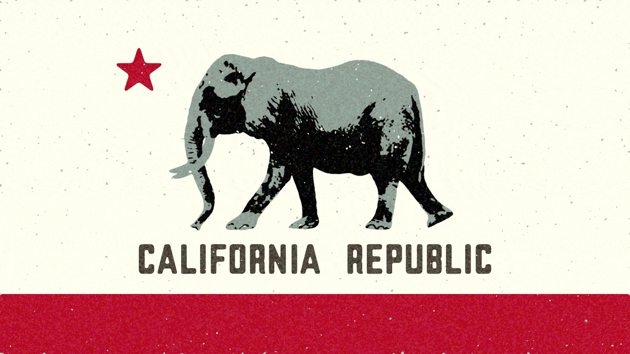 Animated illustration of the California flag with a walking elephant instead of a bear. The elephant is partially fading away and returning and being distorted.